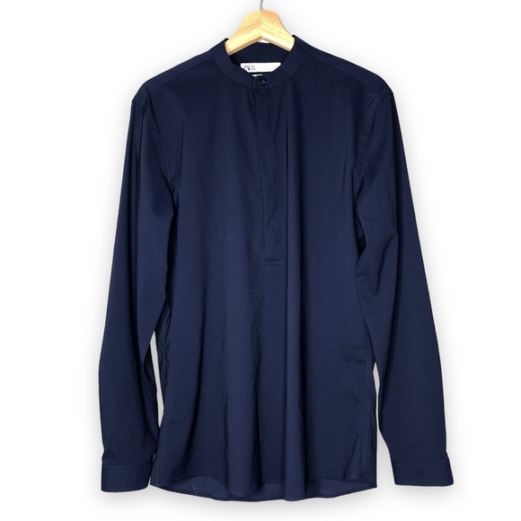 ZARA Navy Blue Slim Fit Dress Shirt 1/4 Hidden Buttons Long Sleeve High Neck - Picture 1 of 6
